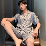 elvesmall  Pajamas Men Summer Short Sleeved Ice Silk Thin Breathable Homewear Set Male Sleep Cloth Suit Gentlemen Satin Nightwear Youth Boy