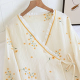 elvesmall 2024 Spring Crepe Kimono Long Sleeve Home Clothes Female Sleepwear Gauze Cotton V-Neck Home Suit Women's Pajama