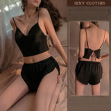 elvesmall  2 piece Sleeveless Sleepwear set Sexy charm Bifurcated Nightwear Ice Silk Breath Nightgown Lounge Camisole Home Suit Lingerie