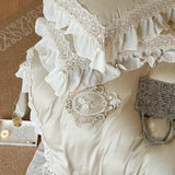 elvesmall  100%Cotton 1000TC French Vintage Chic Bedding White Ruffle Lace Comforter Cover Soft Bed Sheet 2 Pillowshams Double Queen King