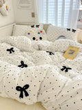 elvesmall Ins Style Girl Blue 1.5m/1.8m Fitted Sheet Bow Towel Bedding Set Embroidery Washed Cotton Four-piece Set Bed Sheet Three-piece