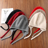 elvesmall 100%Pure Wool Women's Winter Knitted Hats Cute Lace-up Students Pullover Hat Autumn Winter Warm Windproof Earflap Beanies Female