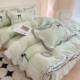 elvesmall  Korean Princess Bedding Set Washed Cotton Bed Cover Girl Heart Pure Color Lace Bow Quilt Coverflat Sheet Decor Home Textiles