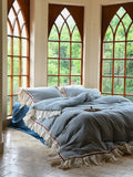 elvesmall  Korean Princess Pure Cotton Yarn Bedding Set with Lace Edge Winter Thickened Warm Plaid Ruffled Edge Duvet Cover Sets Soft 4pcs