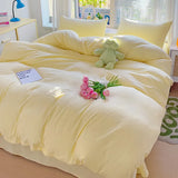 elvesmall High Quality INS Style Solid Color Bedding Set Washed Cotton Bed Linen Yellow Duvet Cover Flat Sheet Pillowcase Girls Bedclothes