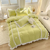 elvesmall Korean Princess Style Bedding Sets Ins Lace Bowknot Duvet Cover Fitted Sheet For Girl Woman Home Bedroom Kawaii Bed Linens