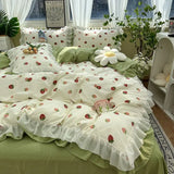 elvesmall Korean Bow Bedding Set Princess Ruffle Lace Girls Duvet Cover No Filling Flat Sheet Pillowcases Floral Quilt Cover Bed Linens