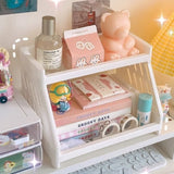 elvesmall Kawaii Double Layers Desktop Storage Shelves Stationery Organizers Rack Large-capacity File Storage Tray Office Desk Accessories