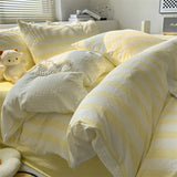 elvesmall Washed Cotton Double Yarn Crepe Striped Quilt Set 3-4 Pillowcase with Sheet Bedding Cover Supplies 200x230 220x240 Skin Friendly