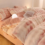 elvesmall  Gradient Plush Bedding Thickened Milk Plush Bed Sheets Duvet Covers Coral Plush Bed Skirts