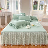 elvesmall Solid Color Bed Skirt & Pillowcase Washed Cotton Wrap Around Bedskirt with Embroidered Lace White Pleated Dust Ruffle Bed Sheet