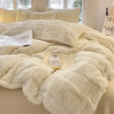 elvesmall  Faux Rabbit Fur Autumn Winter Warm Bedding Set Plush Skin Friendly Breathable Warmth Duvet Cover Set Queen Cozy Quilt Cover Sets