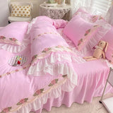 elvesmall Korean Princess Bedding Set Flowers Lace Ruffles Duvet Cover Set Bed Sheet Pillowcase Solid Color Bed Linen for Girls Queen Size