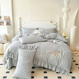 elvesmall Bedding Set Summer Embroidery Washed Cotton Bed Sheet Quilt Cover Duvet Cover Student Dormitory Skin Friendly Four-Piece Sets