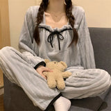 elvesmall Square Collar Women Pajamas Set Winter Sleepwear Fleece Velvet 2 Piece Pant Home Suit Fluffy Korean Solid Piiama Warm Night Wear
