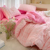 elvesmall Pink Ruffled Seersucker Duvet Cover Set Soft Lightweight Solid Color Bedding with Bed Sheet and Pillowcases Single Twin Ful Size