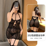 elvesmall  Plus Size Corset Bustiers Body Shaper Lace Underwire Seduction Dress with Stockings Sexy Lingerie Halter Cross Backless Uniform