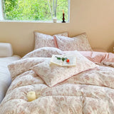 elvesmall Double-layer Cotton and Linen Bedding Set Four-piece Floral Washed Cotton Quilt Cover Net Celebrity Bed Sheet Student BeddingSet