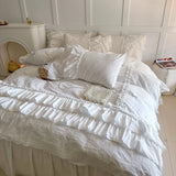 elvesmall  100% Cotton Lace Embroidery Bedding Sets Korean Style Snow White Princess Wedding Bow Duvet Cover Bed Skirt/Sheet Pillowcases