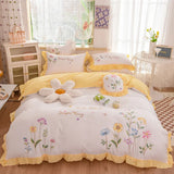 elvesmall  white pastoral style flowers Embroidered Ruffle Cotton Bedding Set Duvet Cover Bed Linen Fitted Sheet Pillowcases Home textiles