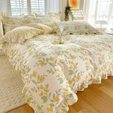 elvesmall New Ruffles 100% Cotton Duvet Cover Set or Single Duvet Covers Floral Princess Style All Cotton Quilt Cover Queen Blanket Cover