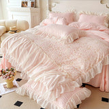 elvesmall Korean Princess Bedding Set Hollow Lace Patchwork Solid Color Lace Ruffle Duver Cover Set Luxury Girls Wedding Home Textiles