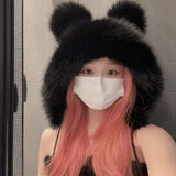 elvesmall Women Winter Warm Kawaii Fox Fur Imitation Mink Plush Hat Thickened Cute Bear Ear Japanese Bomber Hat Ear Protection Cosplay Cap