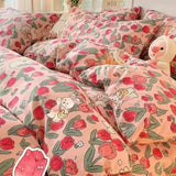 elvesmall Ins Pink Strawberry Bedding Set Cartoon Bear Duvet Cover Sheet Twin Full Size Boys Girls Bed Linen Soft Polyester Home Textiles