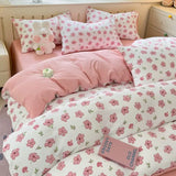 elvesmall Cute Korean Heart Duvet Cover Set with Flat Sheet Pillowcase Twin Queen Girls Women Home Decor Floral Bedding Linen No filler