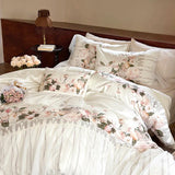 elvesmall  Romantic Lace Ruffles Rose Flowers Print Bedding Set Natural Lyocell Cotton Soft Silky Duvet Cover Bed Sheet Only 2 Pillowcases