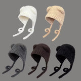 elvesmall Autumn Winter Cute Bear Ear Thermal Knitted Hat Women with Tape Ear Protection Beanie Hat Japanese Korean Versatile Skullies Hat