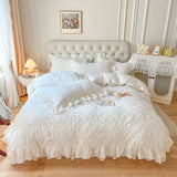 elvesmall  100% Cotton Korean Princess Solid White Bedding Sets Ruffle Bedspread Flower Embroidered Duvet Cover Bed Skirt Pillowcases