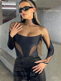 srczz Sexy Wild Women Bodysuit Long Sleeve See Through Skinny Mesh Patchwork Vacation Party Club Streetwear Bodycon Tops Black