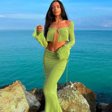 srczz New Female Blouse Gradient Color Long-sleeved Sexy Blouse Hanging Neck Halter Contrast Color long Skirt Two-piece Suit Elegant