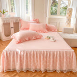 elvesmall Solid Color Bed Skirt & Pillowcase Washed Cotton Wrap Around Bedskirt with Embroidered Lace White Pleated Dust Ruffle Bed Sheet
