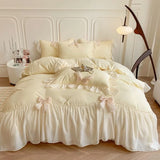 elvesmall Korean Princess Lace Bow Bedding Set Beauty Solid Color Lace Ruffle Quilt Cover Luxury Girls Wedding Home Textiles