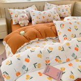 elvesmall Cute Korean Heart Duvet Cover Set with Flat Sheet Pillowcase Twin Queen Girls Women Home Decor Floral Bedding Linen No filler