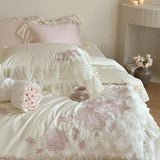 elvesmall  Luxury Princess Wedding Bedding Set 1000TC Egyptian Cotton Flowers Embroidery Lace Ruffles Duvet Cover Set Bed Sheet Pillowcases