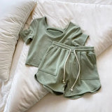 elvesmall  Pocket Women Pajamas Shorts Set Korean Sleepwear 2 Piece Pijama Loungewear Solid Summer Home Suit Clothes Night Wear Oufit