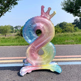 elvesmall  32 Inch Crystal Gradient Number Stand Foil Balloons with Crown Figures Globos 0-9 Birthday Party Decorations Wedding Baby Shower