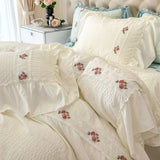 elvesmall  Princess Soft Seersucker Bedding Set Girls Elegant Lace Duvet Cover With Sheet Soft Washed Cotton French Romantic Home Textiles