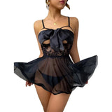 elvesmall  Plus Size Women Sexy Lingerie Bow Bandage Open Chest Nightdress Transparent Porno Babydoll Lenceria Erotic Lace Gauze Sleepwear