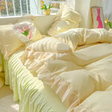 elvesmall  Princess Korean Style Bedding Set Aesthetic Queen Full King Size Solid Color Double Bed Bedspread Sheets Ruffled Duvet Cover Set
