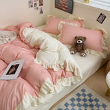 elvesmall Ins Princess Bedding Set 2024 New Duvet Cover Fresh Blue Solid Color Floral Wrinkled Yann Bed Set Of Four Pieces Bed Sheets
