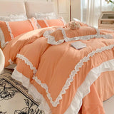 elvesmall  INS Korean Princess Bedding Kawaii Ruffle Lace Bed Skirt Duvet Cover Solid Color Queen Size For Girls Woman Home Textiles