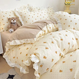 elvesmall Fresh Floral Duvet Cover Set No Filler Lace Ruffles Bedding Washed Cotton Bed Linens Flat Sheet Pillowcase for Girls 200x230cm