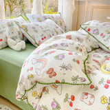 elvesmall Pastoral Girls Flower Bedding Sets, Washed Cotton Bed Linens, Soft Quilt Cover Sheet Set, Simple Bedspread, Home Textiles