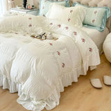 elvesmall  French Romantic Lace Bubble Gauze Bedding Set Queen Elegant Princess Style Embroidered Duvet Cover Set Ruffled Quilt Cover Sets