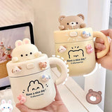 elvesmall -  1pc Bear Coffee Thermal Cup For Hot Cold Drinks Water Tea Milk Thermos Mug Stainless Steel Cup With Straw Lid Portable Bottle