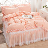 elvesmall  Princess Girl Pink Bedding Skirt Sheet With Lace Korean Solid Color Bed Cover Pillowcase Decor Bedroom Wedding Couple Bedclothes